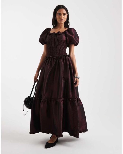 Daisy Street Black Drop Waist Shirred Puff Sleeve Maxi Dress