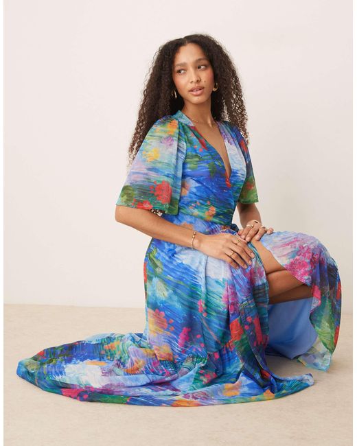 Hope & Ivy Blue Flutter Sleeve Maxi Wrap Dress