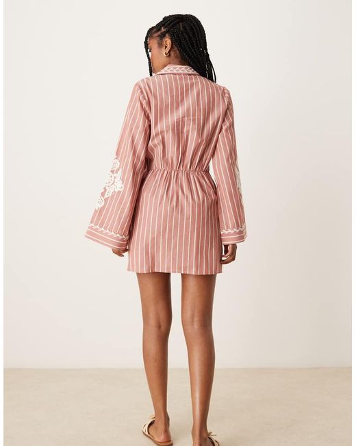 ASOS Pink Embroidered Wrap Shirt Mini Dress With Wide Cuff