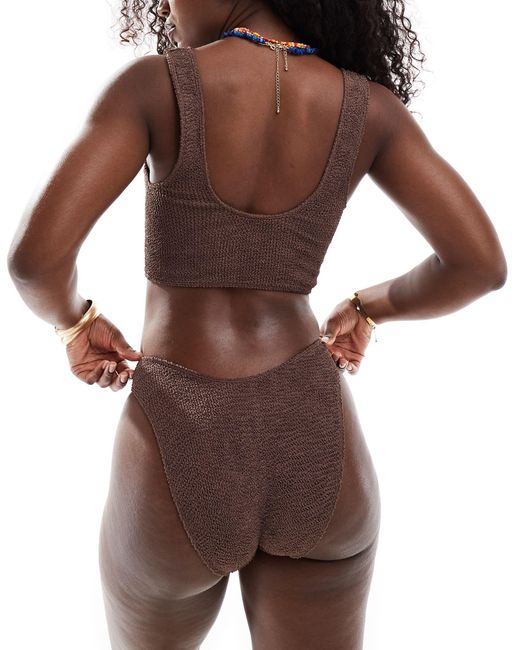 ASOS Brown Megan Crinkle Longline Crop Bikini Top With Hardware