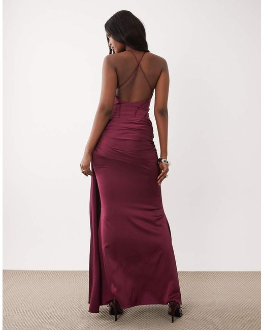 ASOS Purple Premium Halterneck Corset Fishtail Maxi Dress With Drape Detail