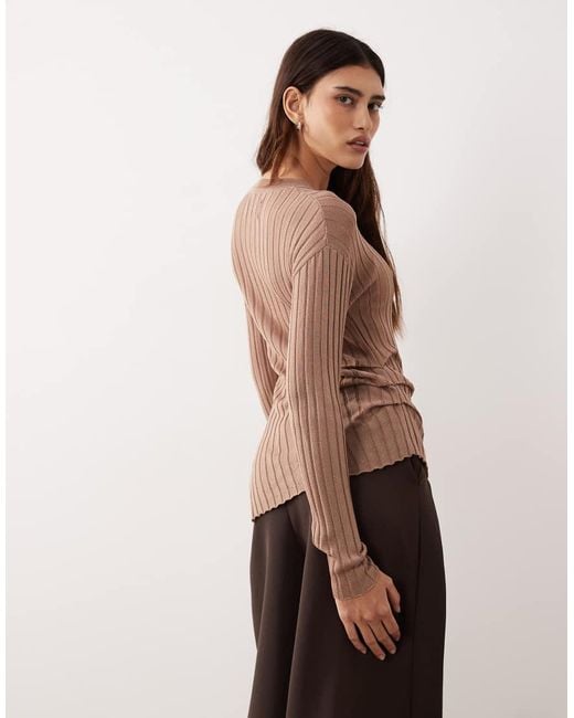 ARRANGE Brown Fine Rib Long Sleeve Knit Top