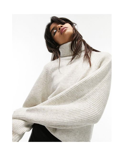 TOPSHOP Knit Roll Neck Sweater in White | Lyst UK
