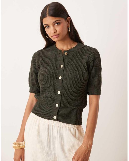 ASOS Natural Textured Short Sleeve Cardigan With Gold Buttons