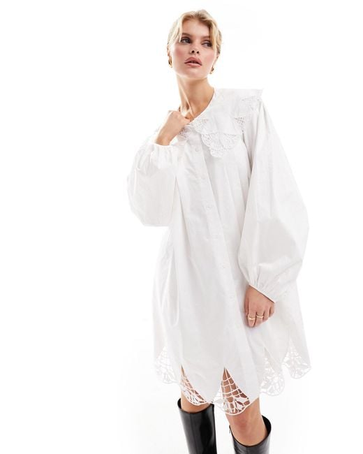 Urban Revivo White Lace Insert Collar Detail Mini Smock Dress