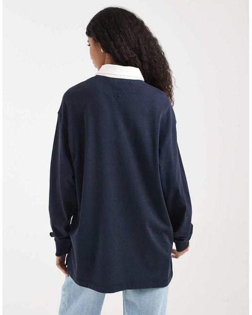 Tommy Hilfiger Blue Oversized Varsity Logo Rugby Top