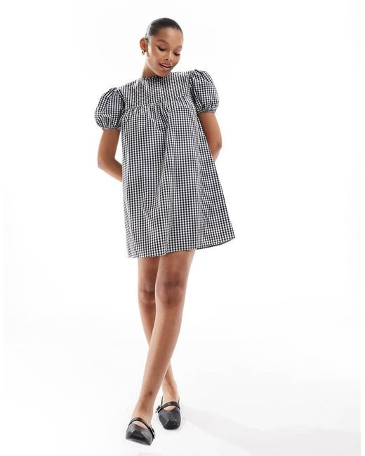 Vestido Negro A Cuadros Vichy De Estilo Babydoll Y Corte Amplio Con Mangas Abullonadas De ASOS de color Gray