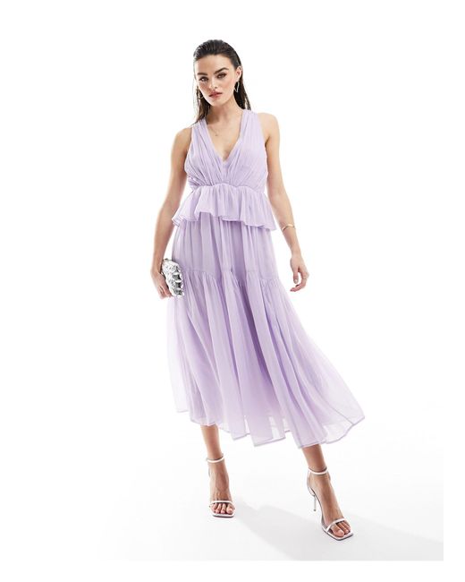 ASOS Purple Plunge Pleated Tiered Midi Dress