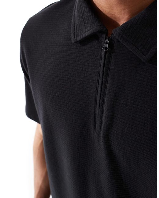 Jack & Jones Black Textured Zip Polo for men