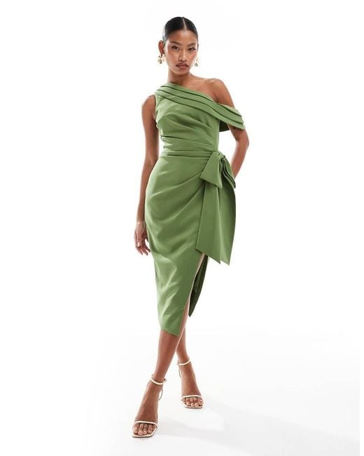 Emerald green one shoulder pleated detail midi dress discount