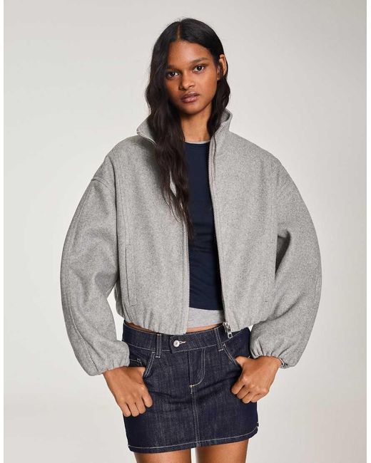 Bershka Gray Wool-blend Jacket With Gathered Hem
