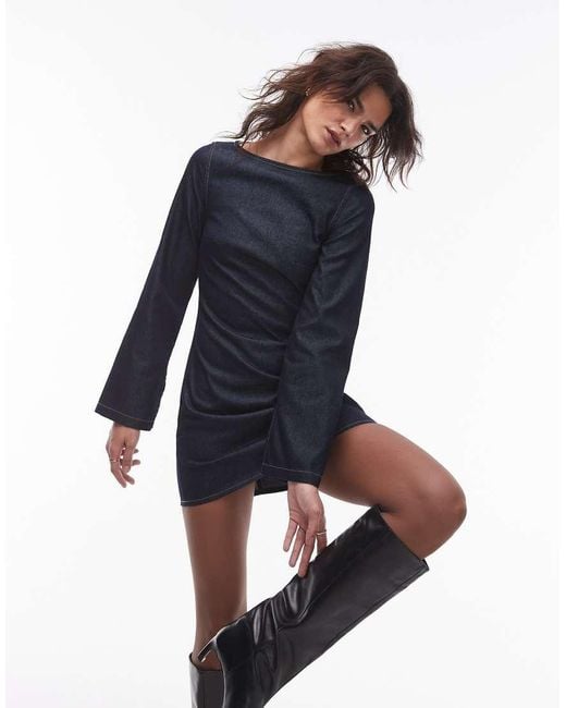 TOPSHOP Denim Long Sleeve Shift Dress in Blue | Lyst UK