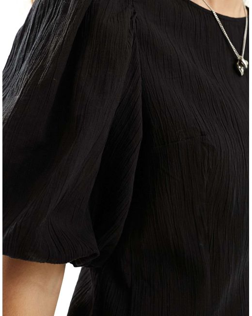 Monki Black Short Balloon Sleeve Mini Dress With Pleated Volume Bottom