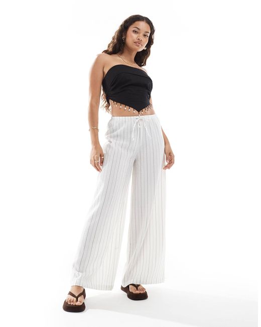 Stradivarius White Petite Linen Look Wide Leg Trouser
