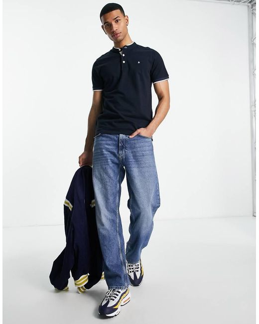 Jack & Jones Blue Essentials Grandad Polo With Tipping for men