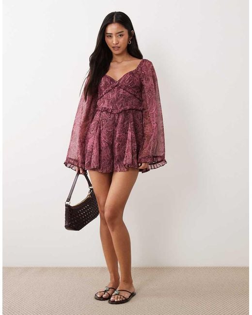Miss Selfridge Red Long Sleeve Chiffon Playsuit