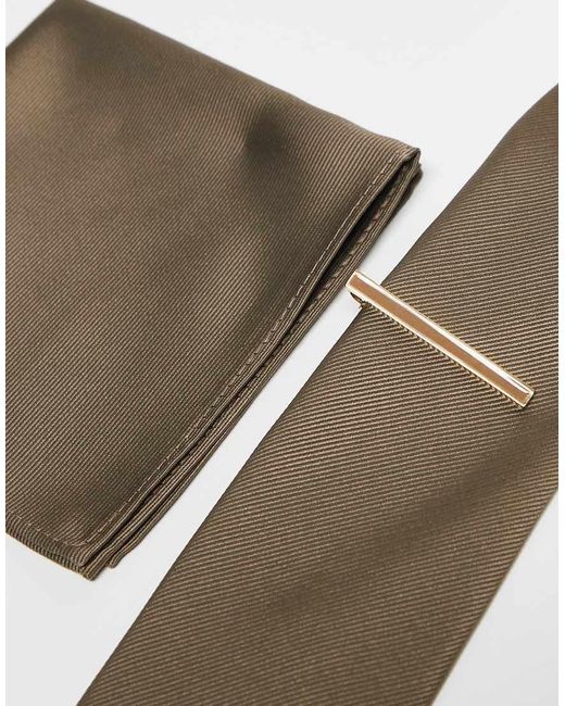 ASOS Stropdas En Pochet Met Dasspeld in het Natural voor heren