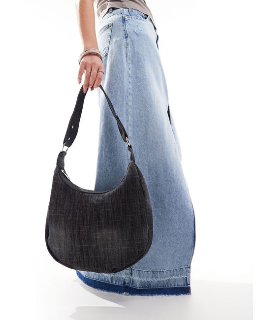 Glamorous Black Washed Denim Shoulder Crescent Tote Bag