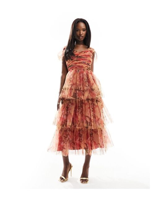 LACE & BEADS Multicolor Tiered Tulle Midi Dress