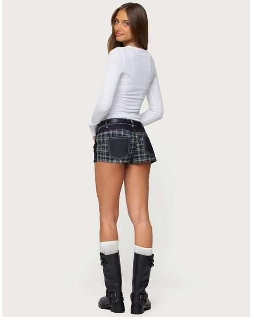 Edikted Blue Carie Plaid Low Rise Denim Shorts