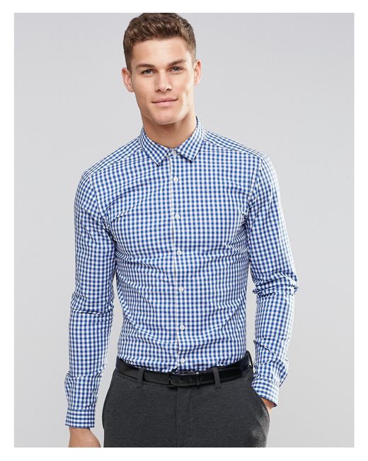 Asos Skinny Shirt In Blue Gingham Check With Long Sleeves in Blue for ...