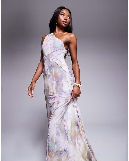 ASOS Purple Mesh One Shoulder Exposed Seams Maxi Dress With Full Hem