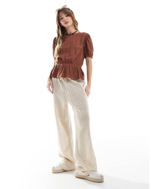 ASOS Top Van Linnenmix Met Peplum En Pofmouwen in het Brown