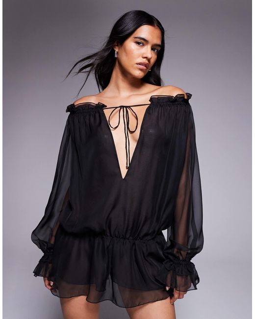 I.AM.GIA Gray Jazmin Georgette Chiffon Bardot Plunge Tie Detail Dropped Waist Playsuit