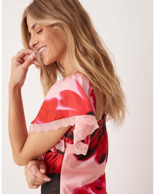 Vestido Midi Con, Escote Bardot E Insertos De Encaje De ASOS de color Red