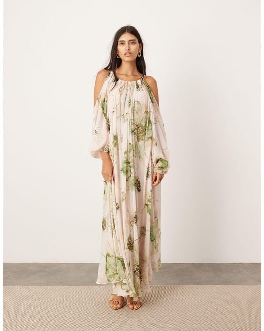 ASOS Natural Chiffon Draped Shoulder Backless Maxi Dress