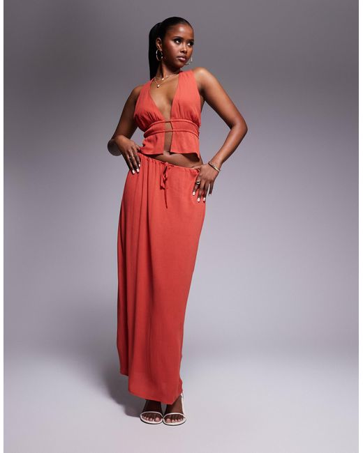 Kaiia Red Exclusive Tie Waist Maxi Skirt Co-ord