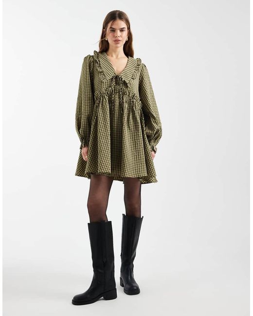 Daisy Street Green Long Sleeve Mini Smock Dress With Ruffles