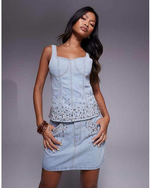 Liquor N Poker Blue Denim Mini Skirt Co-ord With Diamante