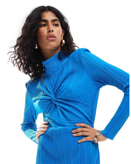 Vestido Midi Plisado Con Cuello Alto De Y.A.S de color Blue