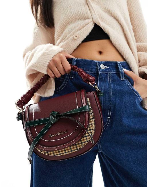 River Island Blue Saddle Bag With Tartan Detail