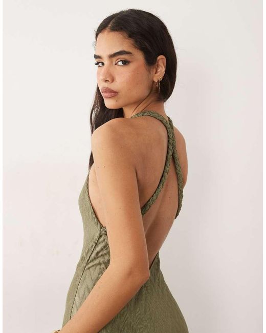 ASOS Green Zigzag Plisse V-neck Maxi Dress With Plait Strap Detail