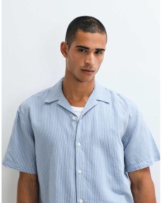 SELECTED Blue Linen Blend Short Sleeve Shirt for men
