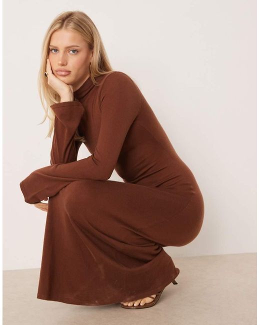 Mango Brown High Neck Long Sleeve Maxi Dress