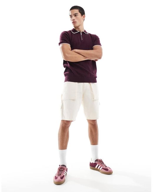 Brave Soul Gebreid Poloshirt Met Contrasterende Biezen in het Purple voor heren