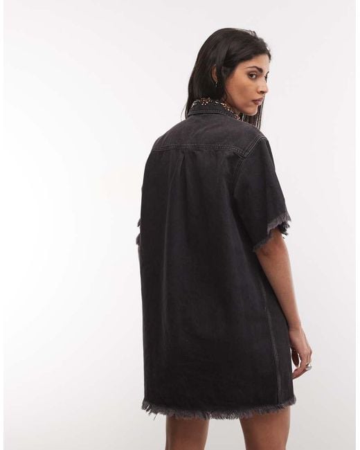 AllSaints Black Filou Short Sleeve Frayed Denim Mini Dress