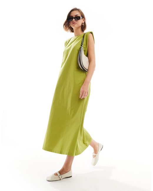ASOS Green Cotton Shapeless Midi Dress With Shoulder Pads