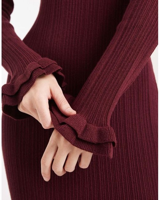 ASOS Red Ribbed Maxi Frill Sleeve Knitted Dress