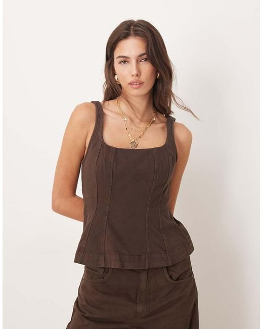 Mango Brown Cotton Strappy Boning Detail Peplum Co-ord Top