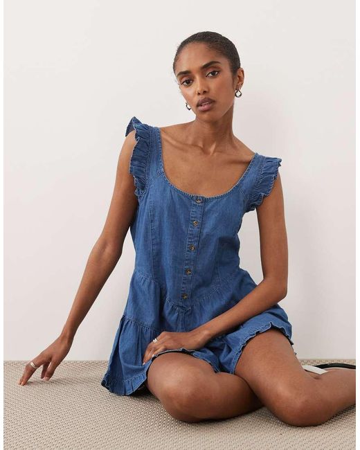 ASOS Blue Soft Denim Romper With Frill Shorts