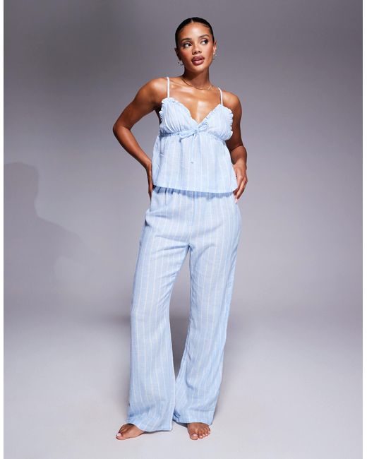 Boux Avenue Blue Linen Mix Striped Cami & Pants Set