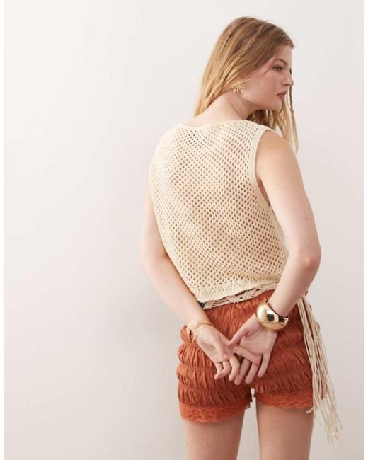 Reclaimed Vintage Natural Festival Crochet Knit Tank Top With Flower Detail