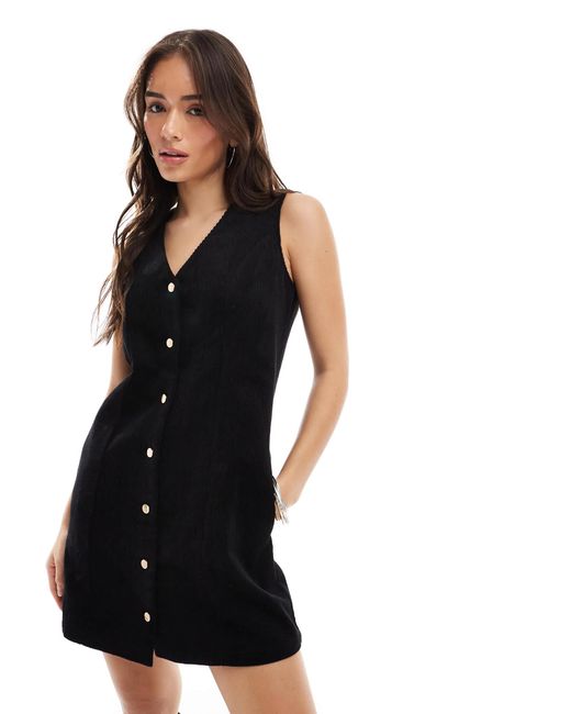 Threadbare Black Cord Button Through Mini Dress
