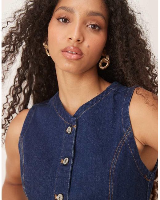 Abercrombie & Fitch Mouwloze Denim Midi-Jurk Met Knoopsluiting in het Blue