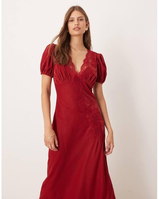 ASOS Red Velvet Tea Maxi Dress With Lace Trim