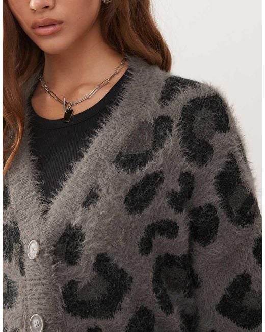 Noisy May Gray Brushed Knit Leopard Cardigan